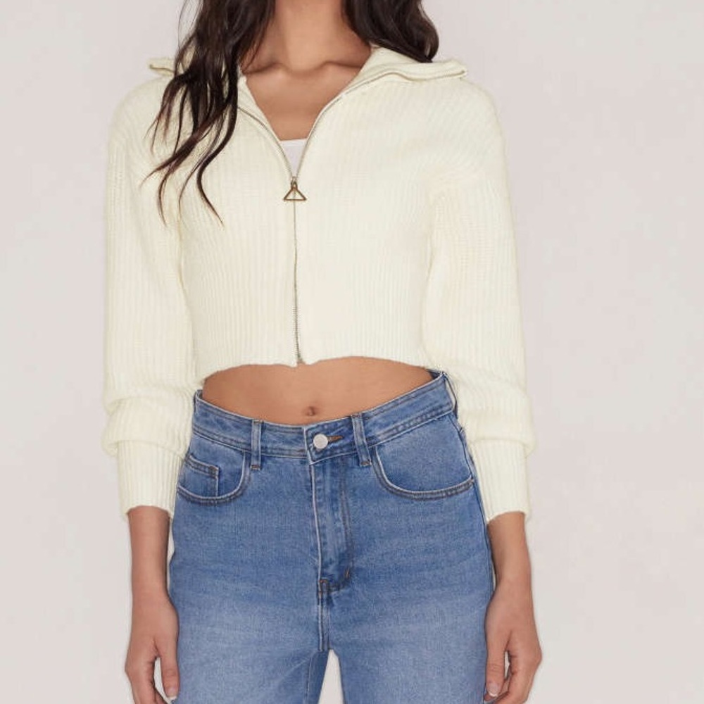 Cider Woman’s Small White Ribbed Cropped Knit Zip Up Collard Sweater - Picture 3 of 14